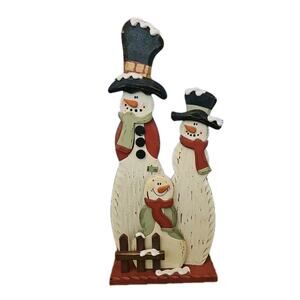 Christmas Snowman Family Hand Painted Wooden Standing Decoration 18" X 10"
